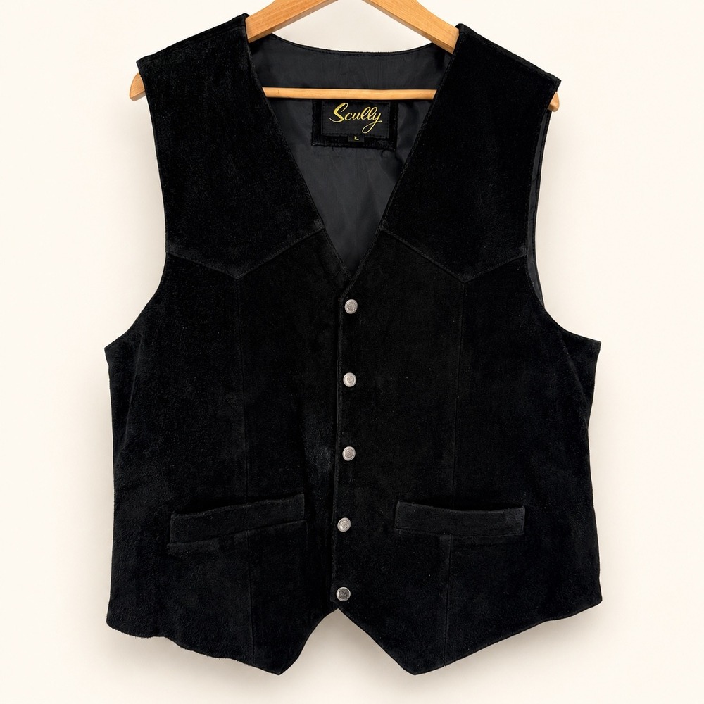 Vintage Scully Mens Large Vest Black Suede Leather Western Cowboy Biker Ranch